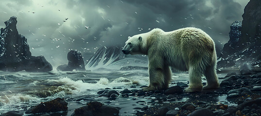 Polar bear, ice bear on an arctic shore, surrounded by melting icebergs, floes and arctic glaciers. Symbol of climate change, global warming. 