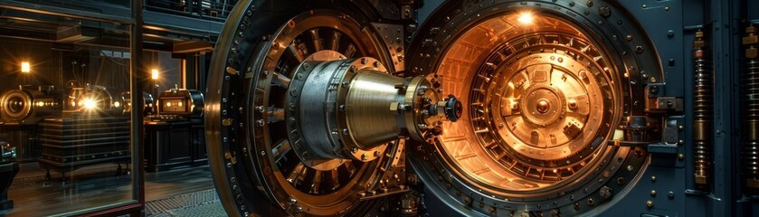 Naklejka premium bank vault being opened, security and trust, focus on, safety theme, dynamic, multilayer, vault backdrop