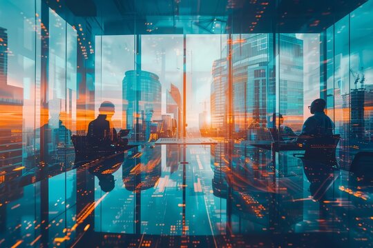 financial advisor consulting clients, wealth management, focus on, advisory theme, vibrant, double exposure, modern office backdrop