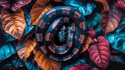 Vibrant jungle scene with snake elegantly coiled around a branch amidst exotic trees - Powered by Adobe