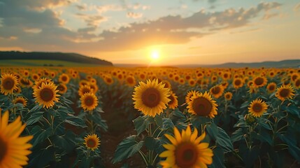 Fototapeta premium Majestic Sunrise Illuminating a Field of Golden Sunflowers in Full Bloom Background