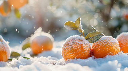 Ripe tangerines on snow outdoors. Fresh citrus fruit -