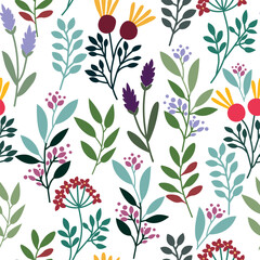 Surface with meadow flowers and herbs. Garden flower, plant, botanical, seamless vector design for fashion, fabric, wallpaper and all prints on a white background.