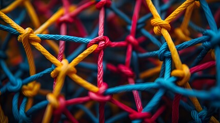 A network of interconnected strings or wires in various colors, predominantly red, yellow, and blue. These strings are knotted at various points, forming a complex web-like structure