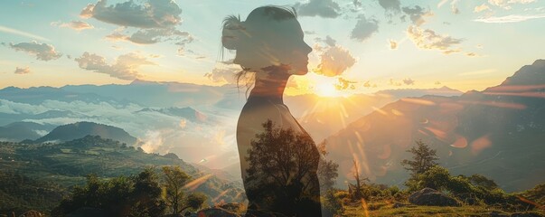 outdoor yoga retreat in the mountains, harmony with nature, focus on, adventure theme, whimsical, double exposure, mountain backdrop