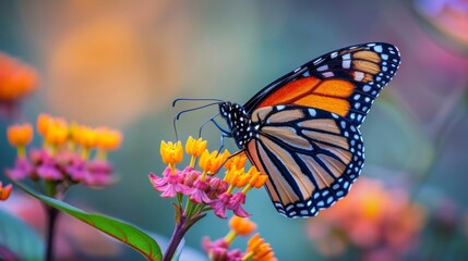 Close-up of a Monarch butterfly perched delicately on pink milkweed blossoms, vibrant and alive