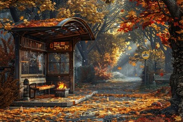 A autumnal bus stop scene with colorful leaves carpeting the ground and a cozy fire pit for waiting...