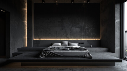 Minimalist bedroom, black walls, white platform bed.
