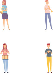 Music school icons set cartoon vector. People playing musical instrument. Performance, rehearsal