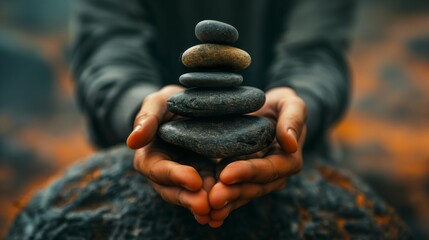 Person balancing dark, smooth pebbles in a stack with hands outstretched, emphasizing focus and calm - Powered by Adobe