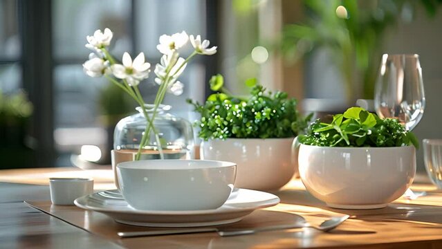 This white table is set with various plants and greenery. White Table Setting With Plants