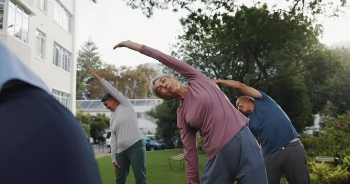 Fitness, stretching and senior people in garden for wellness, active lifestyle and mobility outdoors. Retirement, pilates and elderly men and women in nursing home for exercise, training and yoga