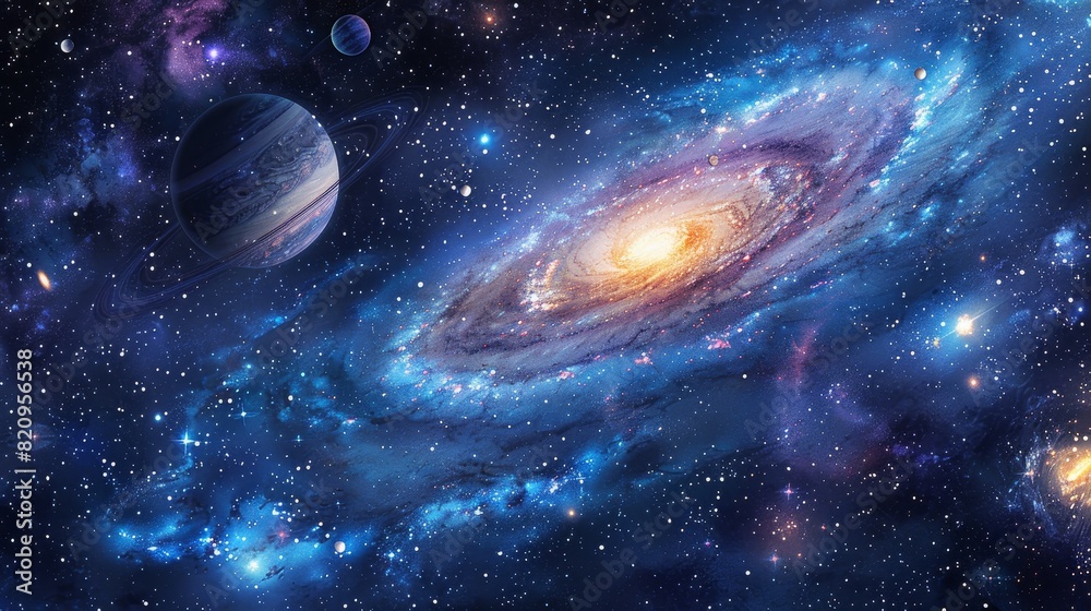 Wall mural majestic universe with colorful planets and sparkling stars background