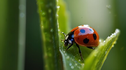 Obraz premium A vibrant ladybird, its red and black shell glistening in the early morning light, slowly making its way across a lush green leaf, its tiny legs leaving delicate imprints in the dewy surface.
