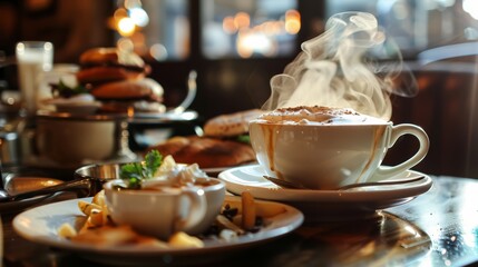 A cup of coffee on a table with a plate of food
