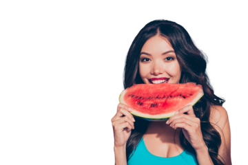 Close-up portrait of cute shine look cheerful cheery glad attractive adorable charming wavy-haired lady red lips holding melon slice biting white teeth isolated on pink pastel background