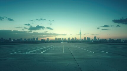 a metropolitan skyline backdrop with an automotive park bathed in soft morning light, perfect for showcasing cars in advertisements.
