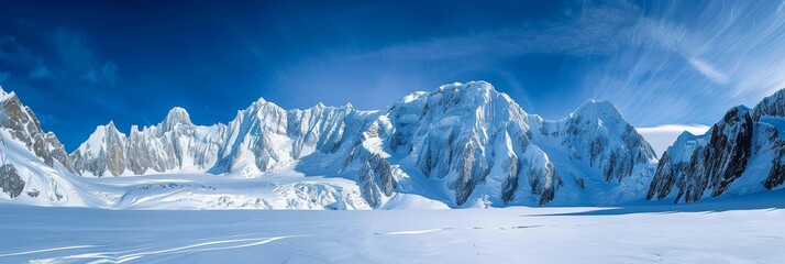 Wide panorama of rugged mountains blanketed in snow, showcasing nature's winter beauty.