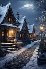 Winter night in the village. Panoramic view of the winter village.