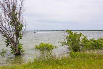 Pleasure boat on Lavon Lake in high water season, Texas, USA