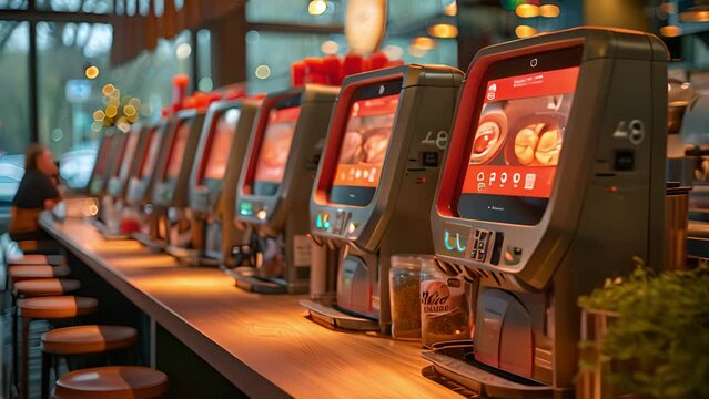 This row of vending machines in a restaurant setting. Line of Vending Machines in a Restaurant
