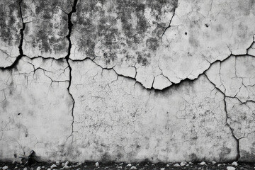 Cracked wall texture grunge damage stain background. Grey dirty old crack broken concrete wall, monochrome, black and white
