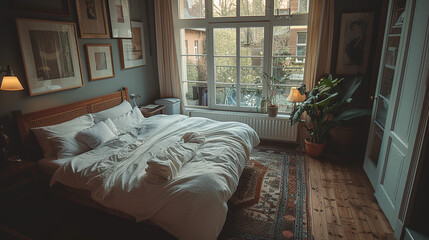 Serene bedroom, black walls, white linen duvet.
