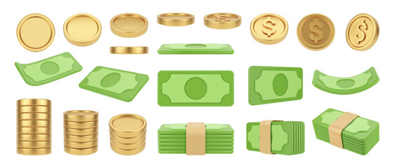 Pile or stack of coins and banknotes. Vector isolated set of money in different side view, front and top. Financial growth and capital, investment and deposit, business and economy business
