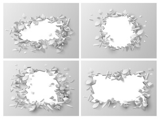 Exploding wall with fractures and breaks, falling plaster, building concrete or bricks. Vector isolated realistic copy space revealed on destroyed wall. Demolition and rebuilding, broken hole