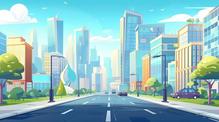 Urban landscape or cityscape with buildings, skyscrapers and transport riding along road Big city life Street view of modern residential area Colorful vector illustration in flat cartoon style