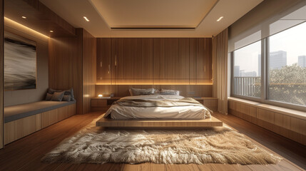 Soothing master bedroom with a minimalist platform bed, built-in wood cabinets, and a fluffy area rug. - Powered by Adobe