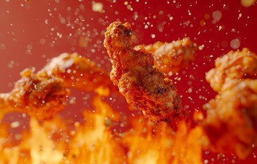 Spicy fried chicken crunches in the air and with fire giving an extra spicy and hot impression with a red background