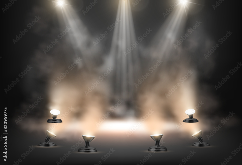 Aufkleber podium or scene illuminated by spotlights. vector realistic dim light and illumination lamps on stag