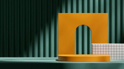 green wall and white tiles, 3d image render empty space orange cylinder podium in landscape
