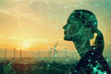 A woman is looking at the horizon with a peaceful expression. The image is a representation of the wind turbines in the background