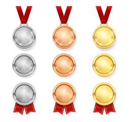 Gold, silver and bronze realistic medals mockup with ribbons, isolated winner award symbols. Vector metal reward badges, quality certificate and prize warrants for first place in competition contest
