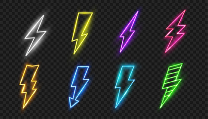 Thunderbolts set, isolated colorful fluorescent lighting signs for club or decoration for wall. Vector realistic glowing symbols and arrows, signboard or billboard, art for home or modern interior