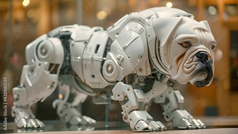 Aufkleber This robotic bulldog is showcased in a glass case. Robotic Bulldog Displayed in Glass Case