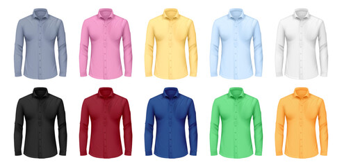 Classic formal official men shirt mockups, isolated clothes for males. Vector garment with collar and long sleeves, buttons and soft fabric. Piece of clothing, realistic fashion and design collection