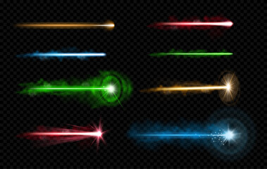 Beam with bright shiny sparkles. Vector laser shot impact. Cutting metal or surface, light effect with sparks and vapor, shining and glowing. Engraving or shooting, futuristic weapon burst