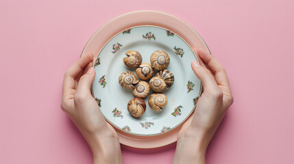 Female hands and plate with tasty snails on color background - Powered by Adobe