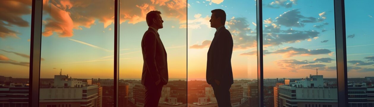 Business partners divided by a betrayal, each standing on opposite sides of a split screen, contrasting environments