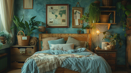 Wooden headboard with a collection of travel souvenirs in a woven basket and two photo frames with handwritten notes attached. Sentimental and personal decor with copy space.