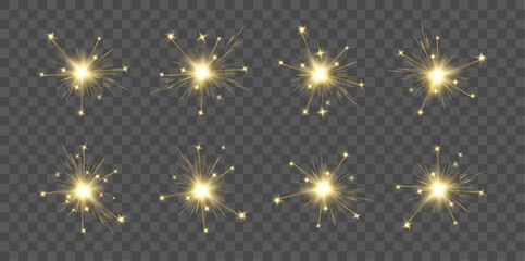 Lighted dynamite or bomb fuses, isolated realistic set of icons. Vector sparks and explosion effect, lights and burst from detonation. Pyrotechnic firecrackers or weapons, explosive equipment