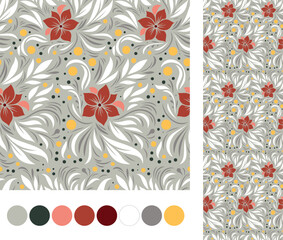 burgundy flowers in seamless floral pattern as vector hand drawn background