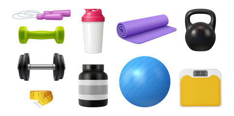 Sports and gym equipment for exercises and workouts. Vector isolated shaker for protein drink, jumping rope and yoga mat, kettlebell and barbell, ball for fitness and weights with measuring tape