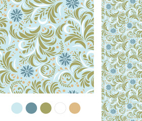blue flowers on blue seamless floral pattern as vector hand drawn background