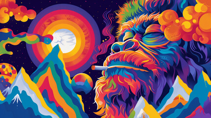 Bigfoot smoking a joint - vivid psychedelic style art of a sasquatch blazing a blunt at sunrise with mountain view