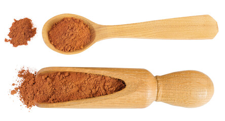 Cinnamon sticks with powder in wooden scoop and spoon isolated on white background. Top view. Flat...