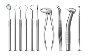 Mouth mirror and explorers, sickle probes and torque wrench, dental bur and cotton forceps, periodontal probe. Vector isolated realistic tools for treating cavities, teeth extraction instruments